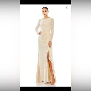 Mac Duggal Shimmering Cream Long Sleeve Gown
